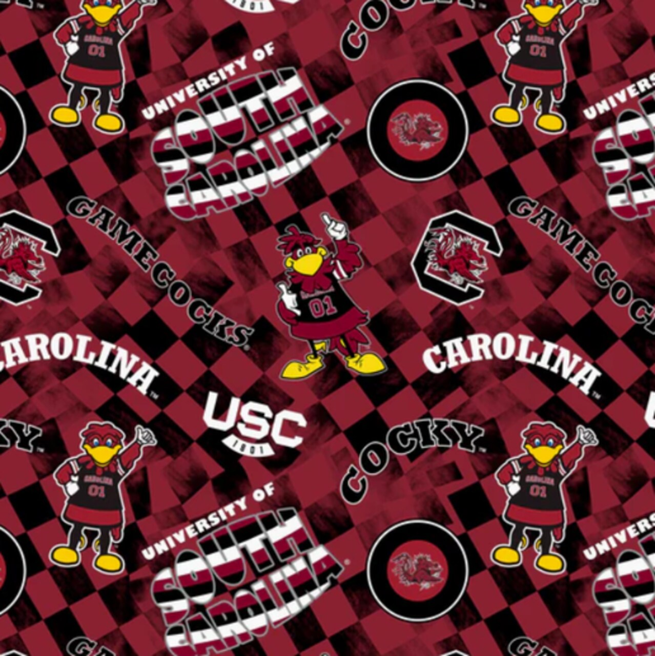 Licensed NCAA University of South Carolina Check Allover Cotton Fabric by the Yard